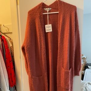 Fuzzy dusty rose long cardigan